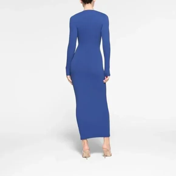 SKIMS Fits Everybody Long Sleeve Crewneck Dress in Sapphire Size Large