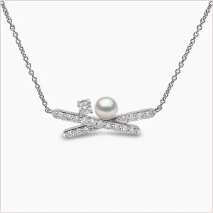 Sleek Akoya Pearl and Diamond Necklace in 18ct Gold