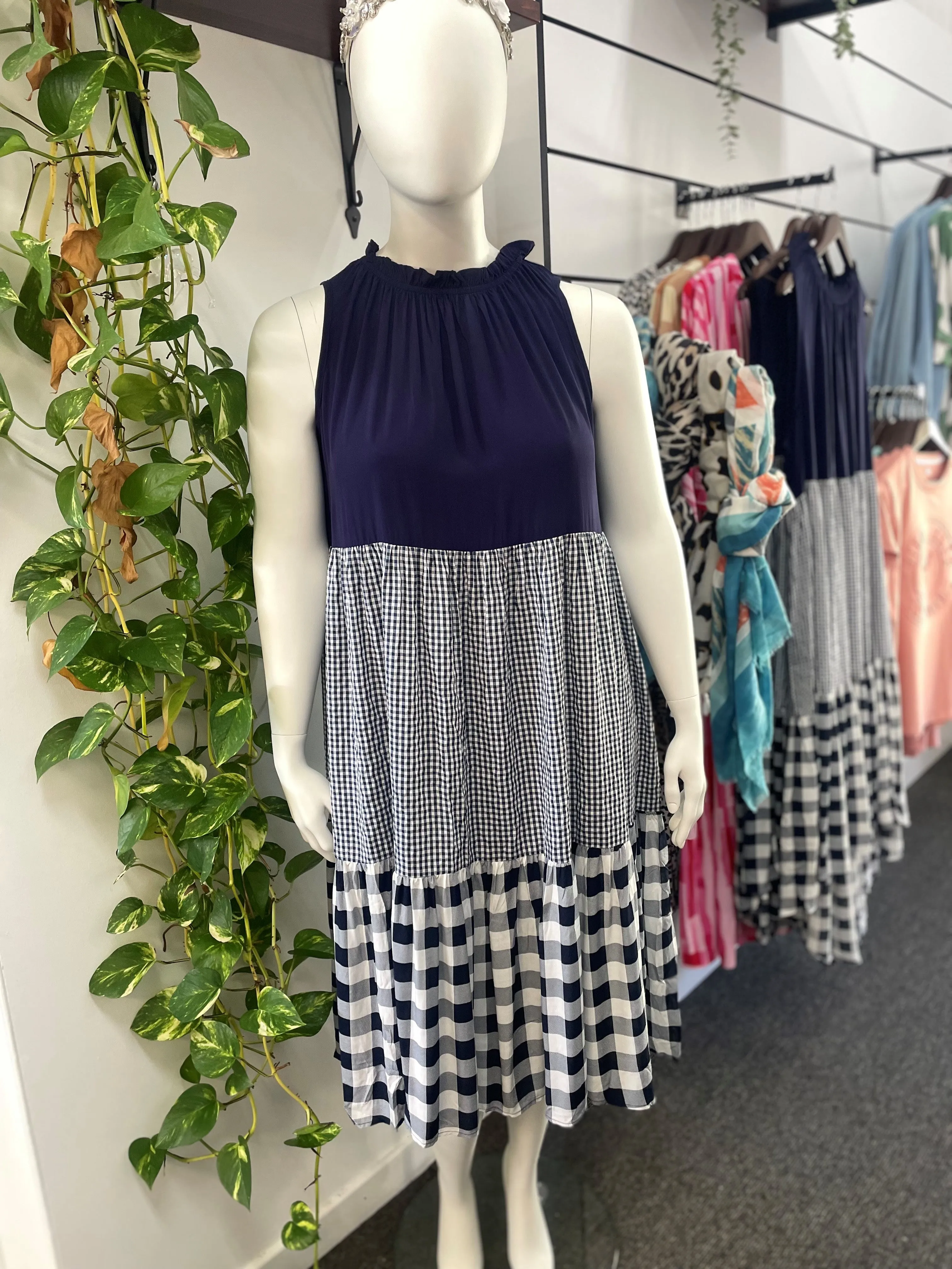 Sleeveless Tiered Gingham Dress