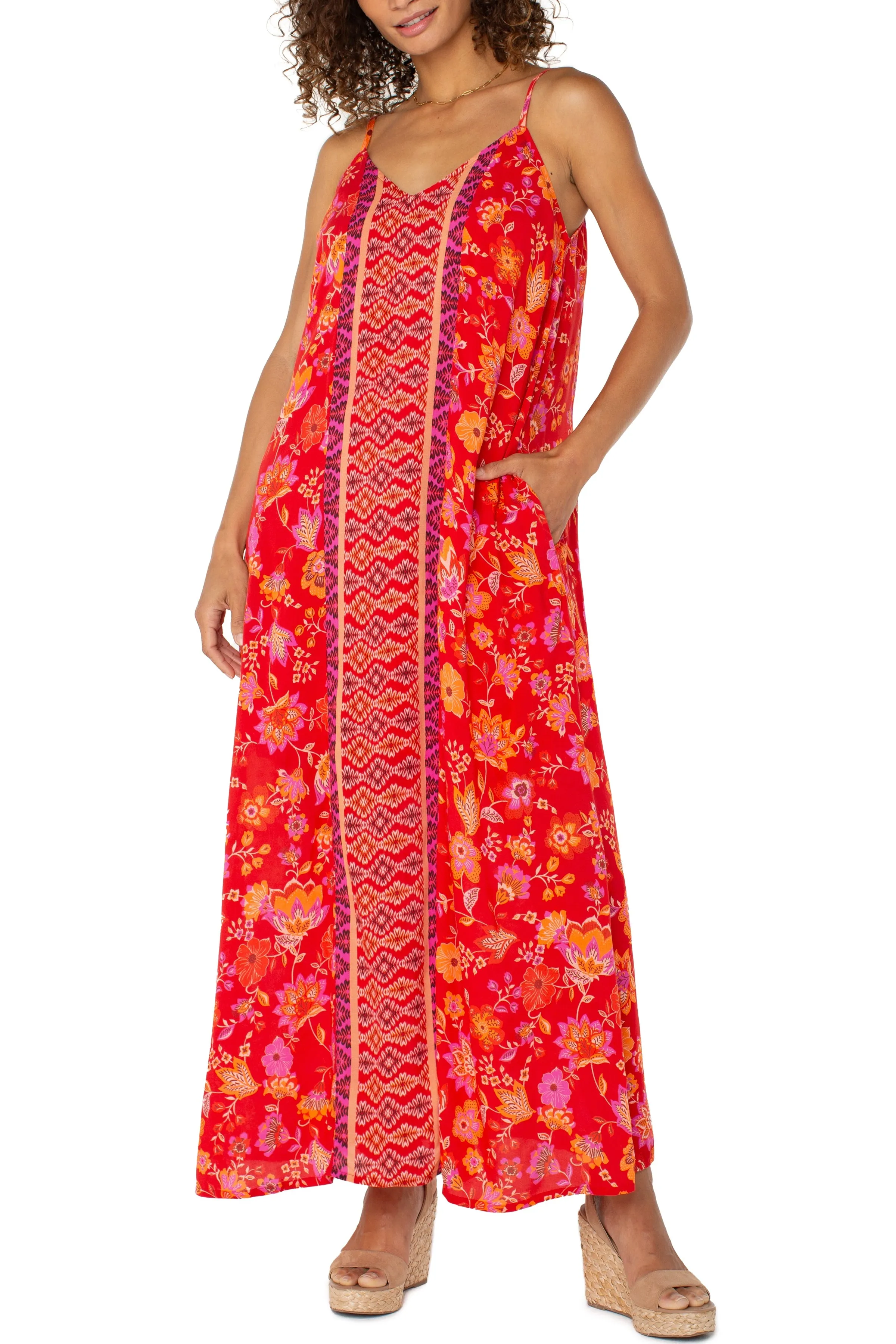Spaghetti Strap Woven Maxi Dress | Red/Orange Floral