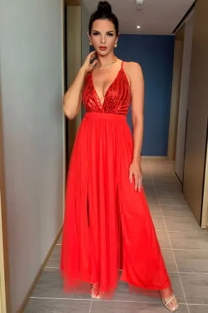 Sparkly Sequined Deep V High Split Backless Evening Maxi Dress - Red