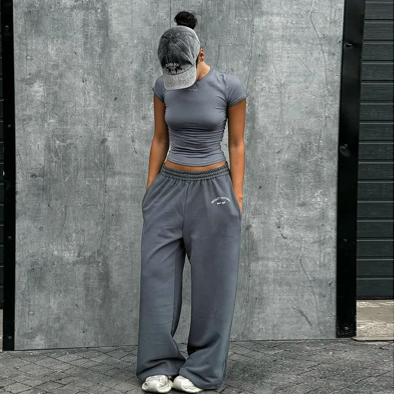 Sporty Chic Fitted Crop Top and Oversized Sweatpants Two-Piece Set