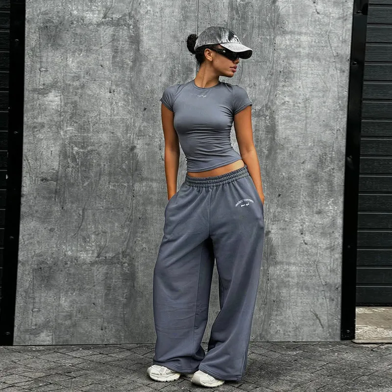 Sporty Chic Fitted Crop Top and Oversized Sweatpants Two-Piece Set
