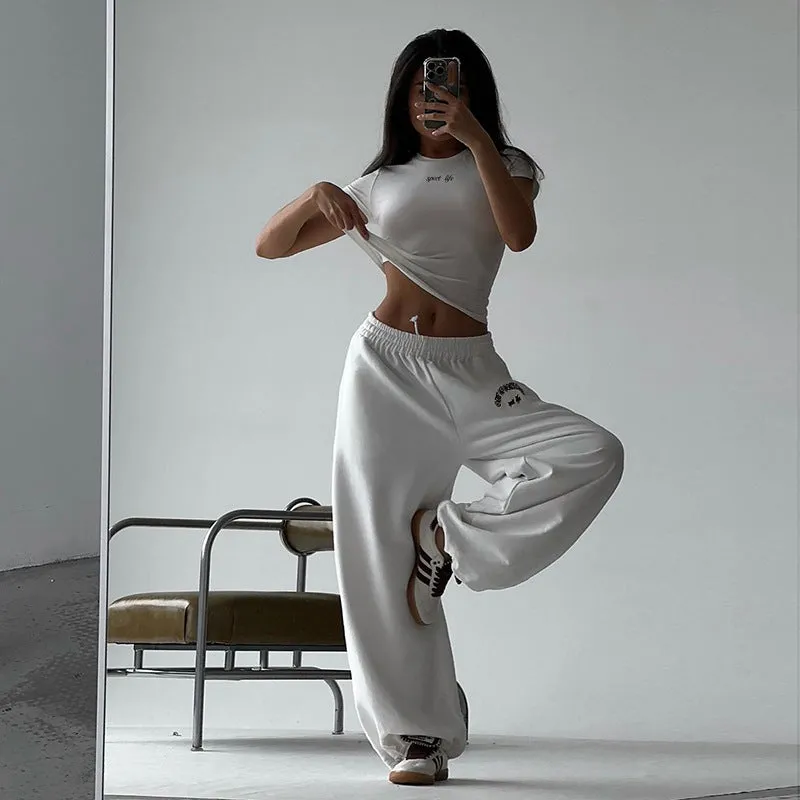 Sporty Chic Fitted Crop Top and Oversized Sweatpants Two-Piece Set