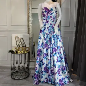 Strapless Floral Formal Evening Prom Dress Gown