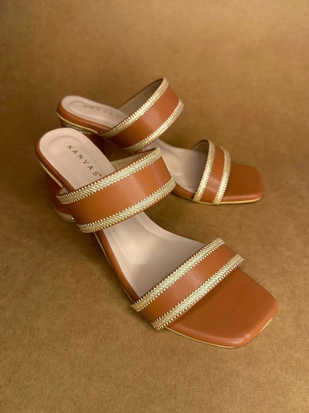 Tan & Gold Block Heels