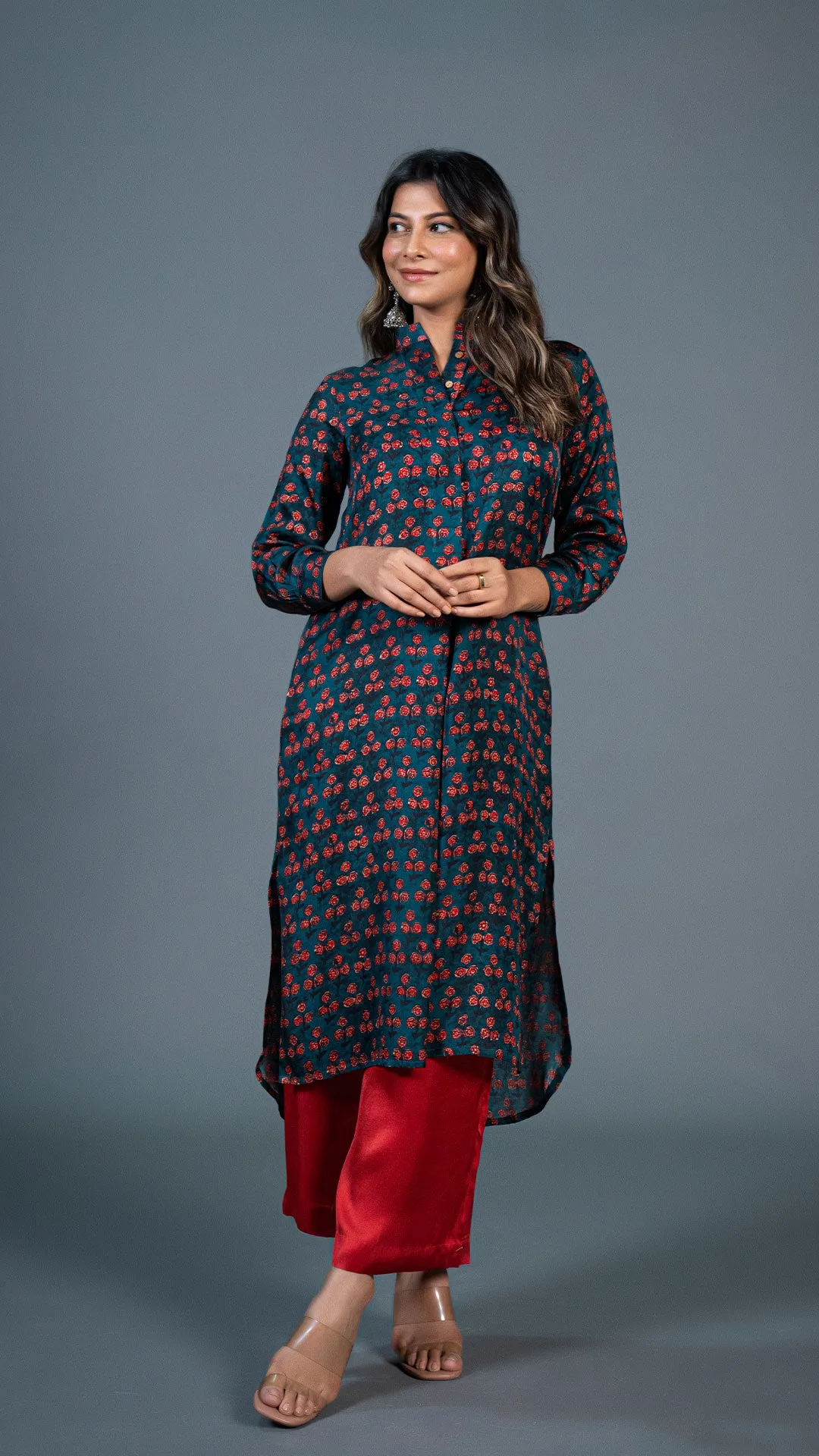 TEAL BLUE SMALL FLOWERS PRINT KURTA IN MODAL SILK