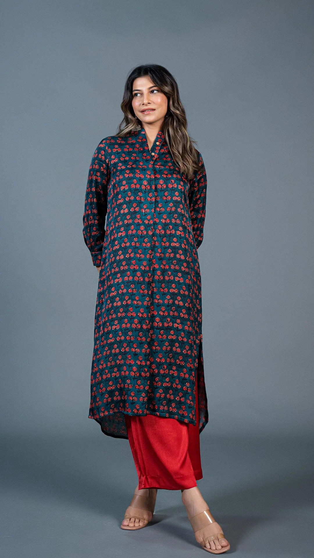 TEAL BLUE SMALL FLOWERS PRINT KURTA IN MODAL SILK