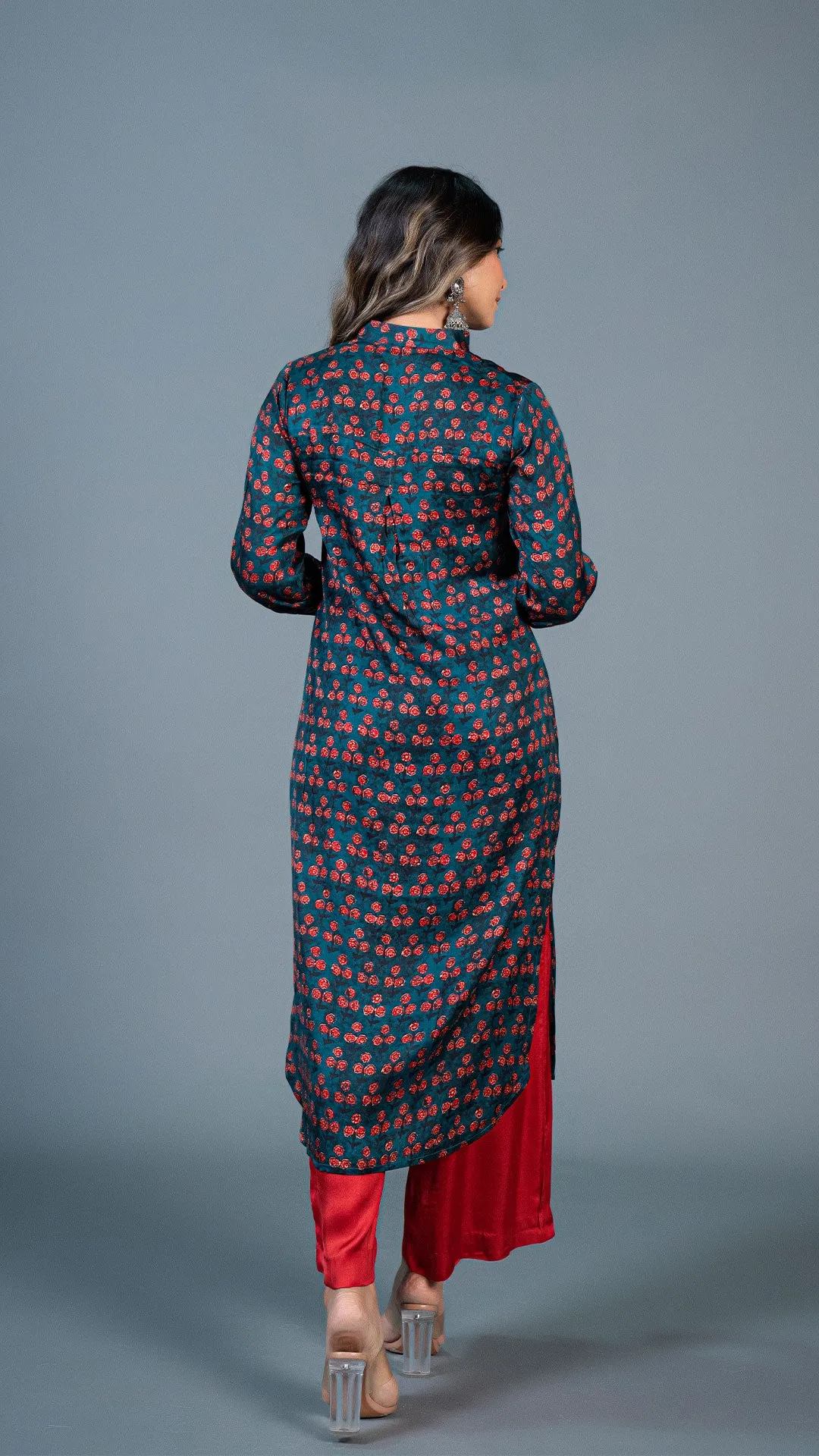 TEAL BLUE SMALL FLOWERS PRINT KURTA IN MODAL SILK