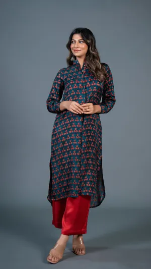 TEAL BLUE SMALL FLOWERS PRINT KURTA IN MODAL SILK