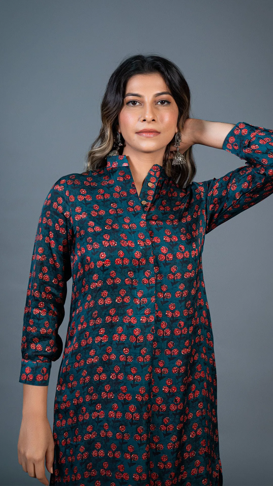 TEAL BLUE SMALL FLOWERS PRINT KURTA IN MODAL SILK