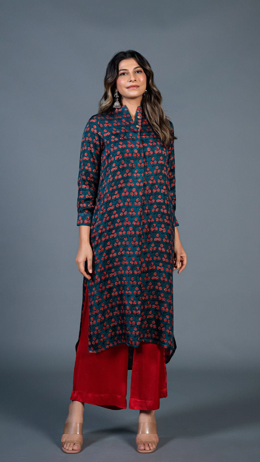 TEAL BLUE SMALL FLOWERS PRINT KURTA IN MODAL SILK