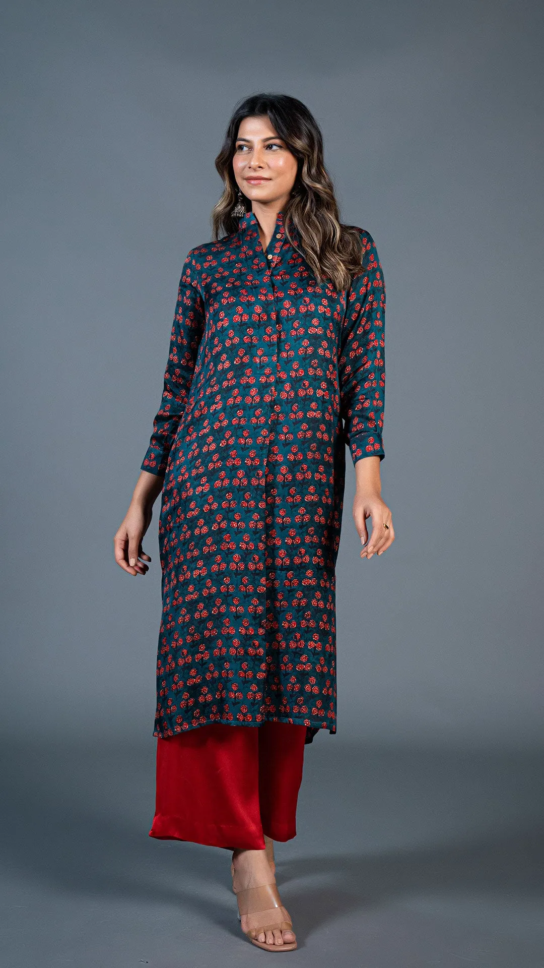 TEAL BLUE SMALL FLOWERS PRINT KURTA IN MODAL SILK