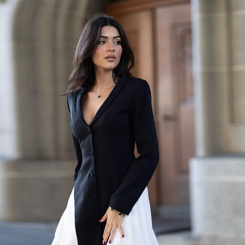 Timeless Elegance Contrast Button-Down V-Neck Mini Dress