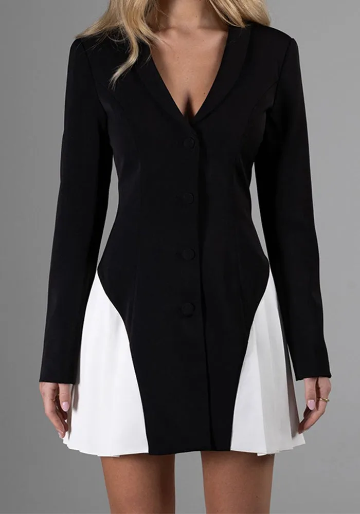 Timeless Elegance Contrast Button-Down V-Neck Mini Dress