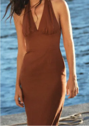 Timeless Halter Neck Backless Linen Midi Dress for Summer Elegance