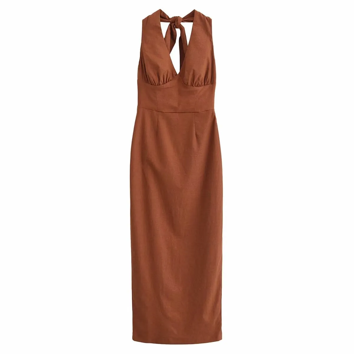 Timeless Halter Neck Backless Linen Midi Dress for Summer Elegance