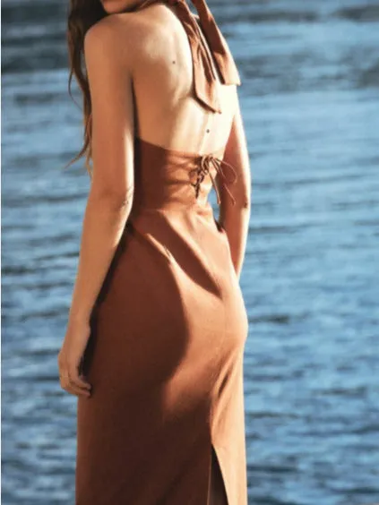 Timeless Halter Neck Backless Linen Midi Dress for Summer Elegance