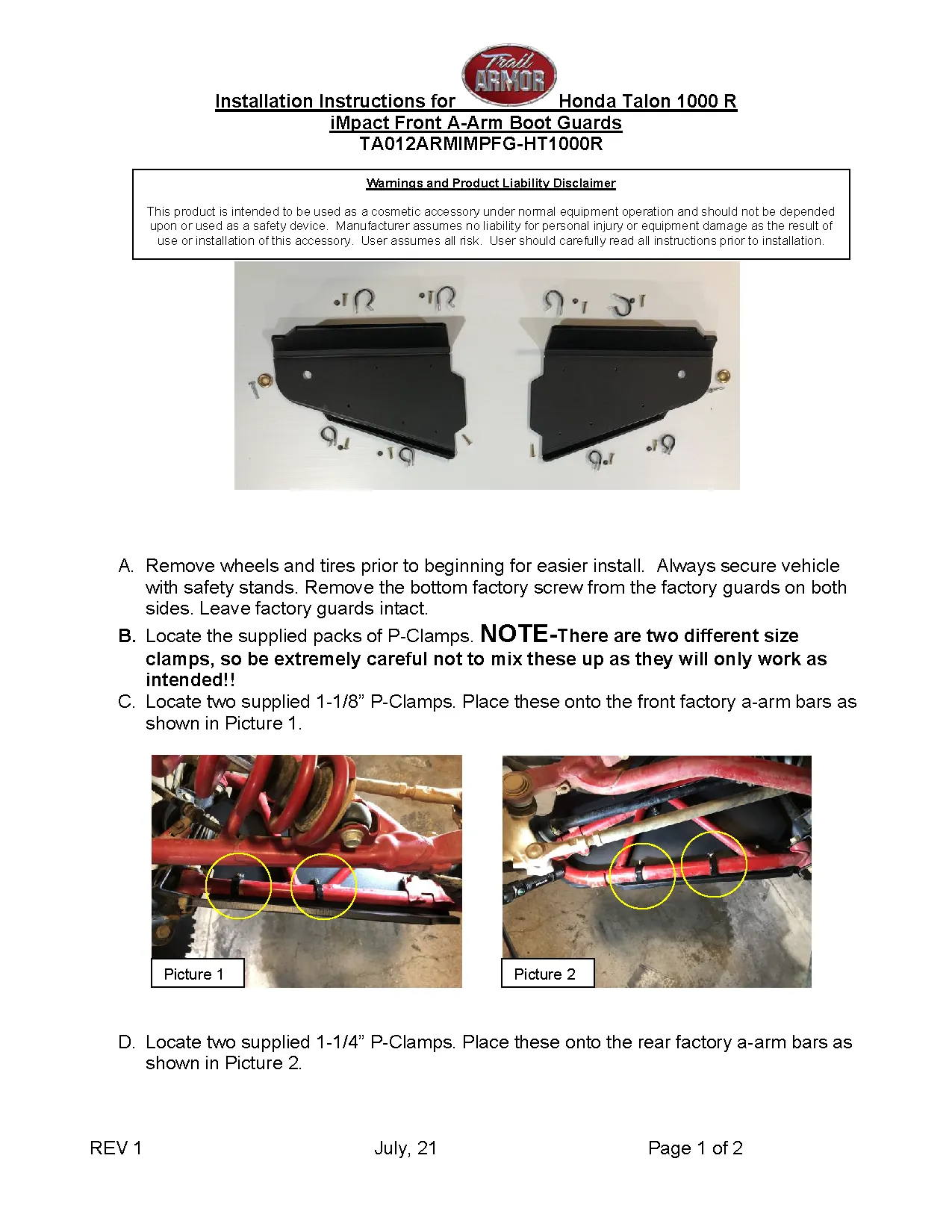 Trail Armor 2019 - 2022 Honda Talon 1000 R, 2021 - 2022 Talon 1000 R Fox Live Valve Edition, 2023 Talon 1000 RS Fox Live Valve, Talon 1000 RS iMpact Front A-Arm Guards
