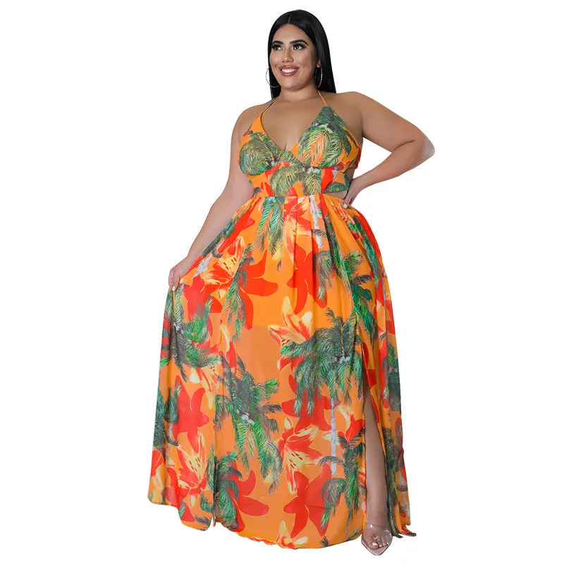Tropical Lace-Up Backless Maxi Dress with Flowing Silhouette