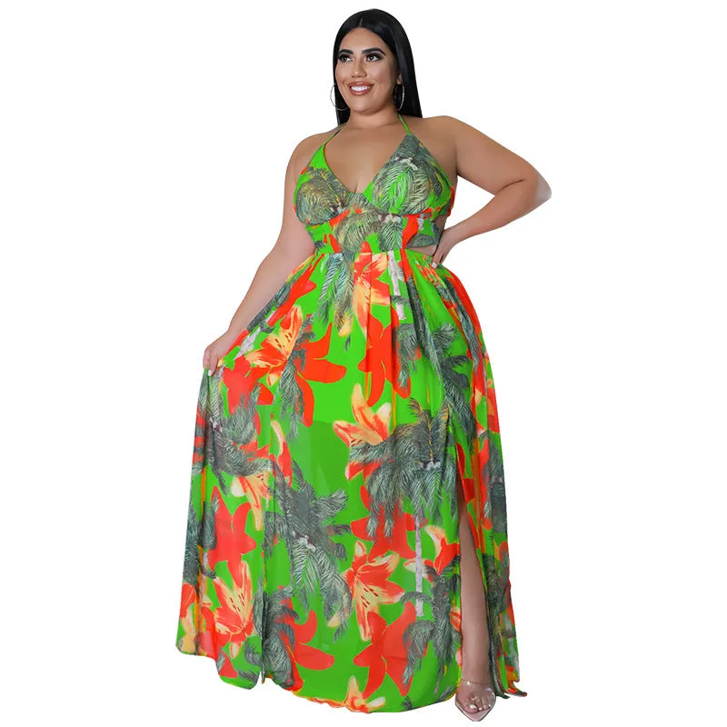 Tropical Lace-Up Backless Maxi Dress with Flowing Silhouette