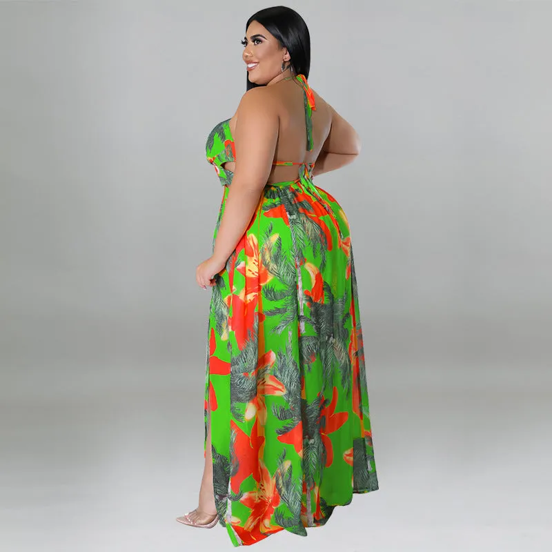 Tropical Lace-Up Backless Maxi Dress with Flowing Silhouette