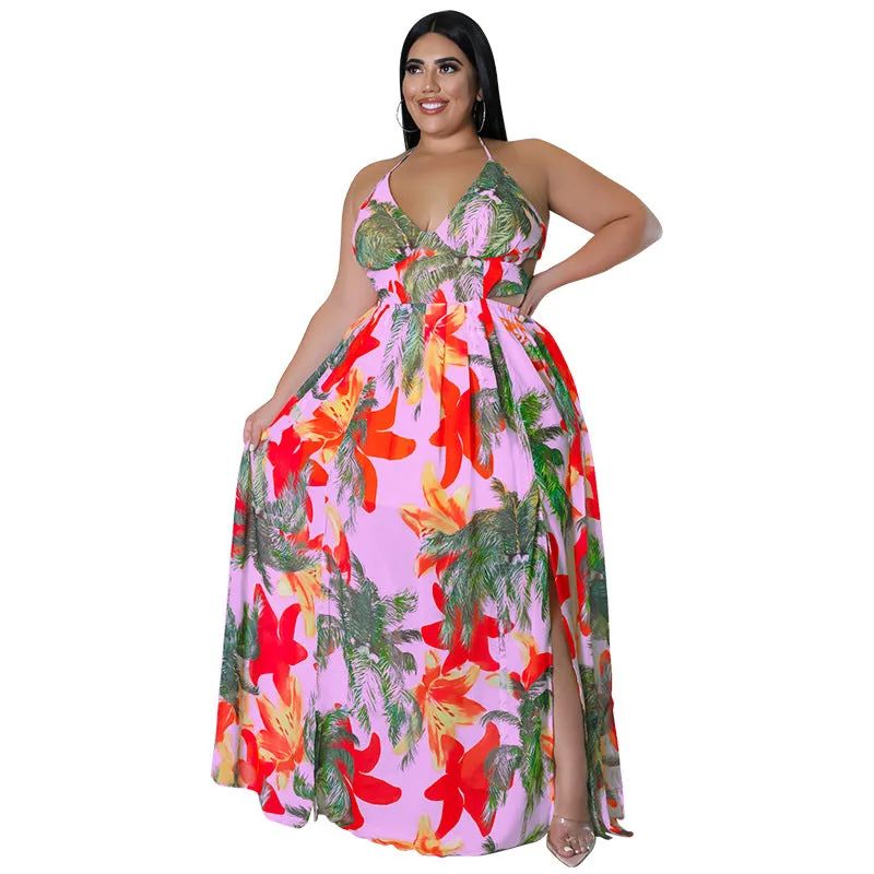 Tropical Lace-Up Backless Maxi Dress with Flowing Silhouette