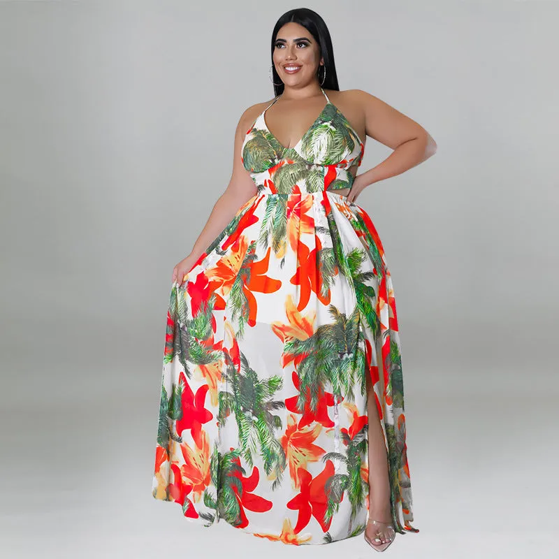 Tropical Lace-Up Backless Maxi Dress with Flowing Silhouette