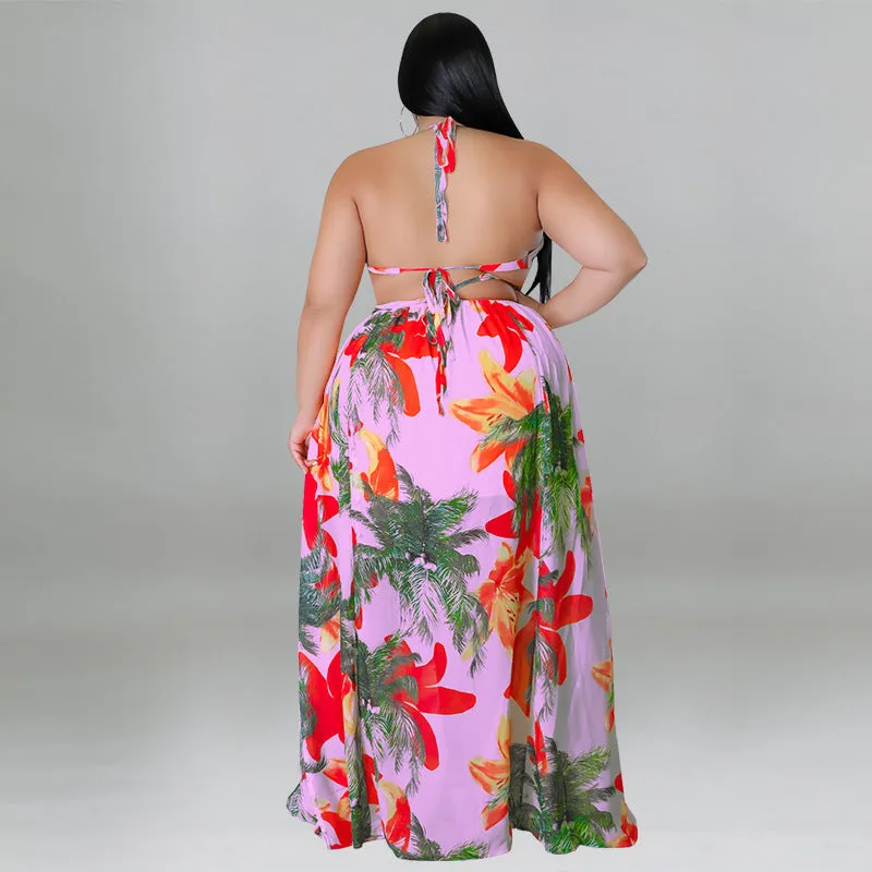 Tropical Lace-Up Backless Maxi Dress with Flowing Silhouette