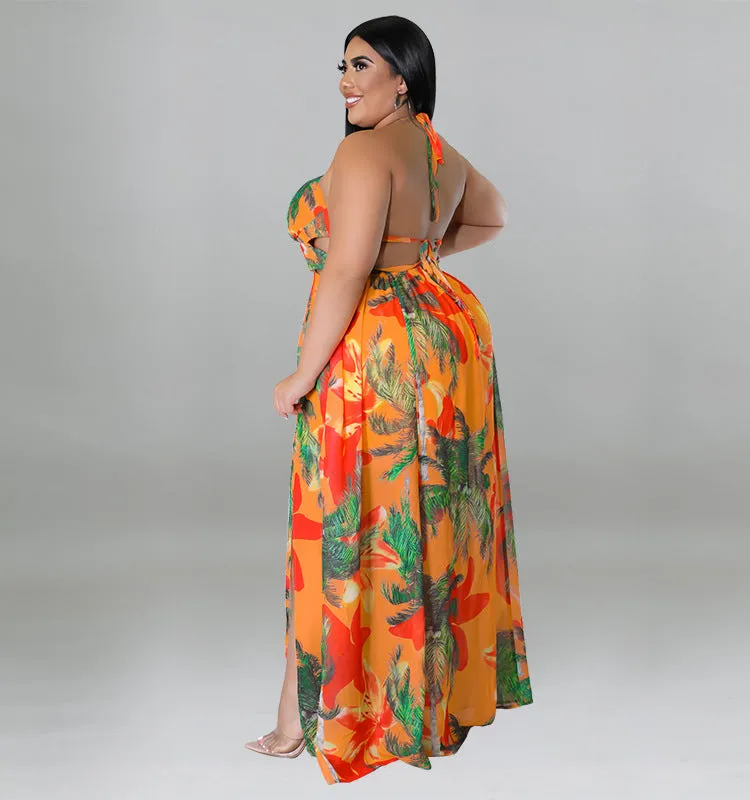 Tropical Lace-Up Backless Maxi Dress with Flowing Silhouette