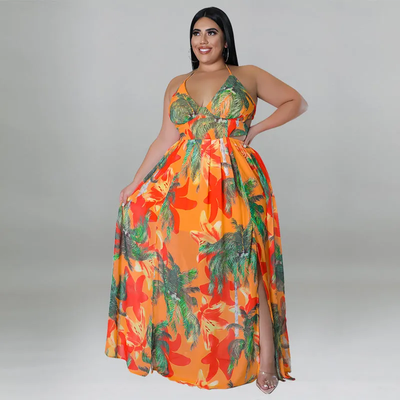 Tropical Lace-Up Backless Maxi Dress with Flowing Silhouette
