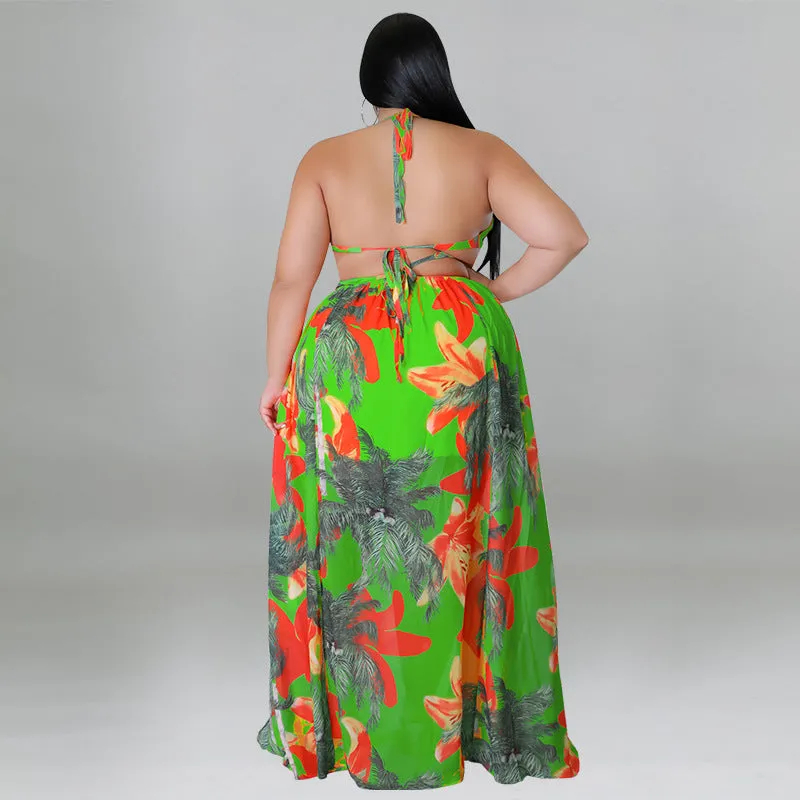 Tropical Lace-Up Backless Maxi Dress with Flowing Silhouette