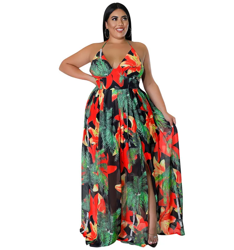 Tropical Lace-Up Backless Maxi Dress with Flowing Silhouette