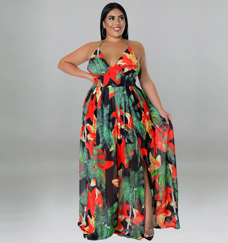 Tropical Lace-Up Backless Maxi Dress with Flowing Silhouette