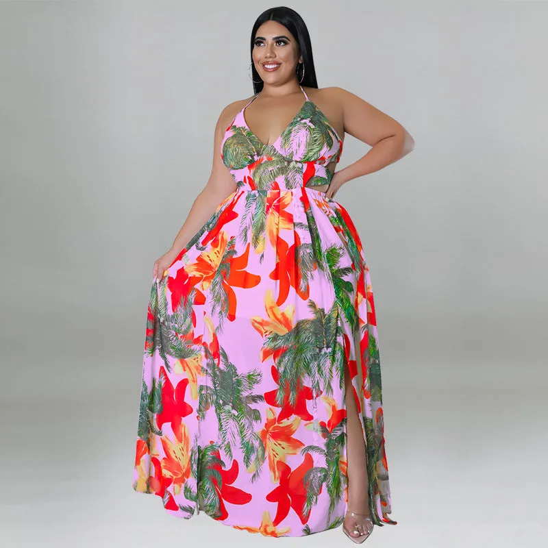 Tropical Lace-Up Backless Maxi Dress with Flowing Silhouette