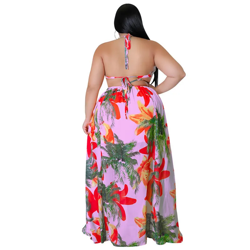 Tropical Lace-Up Backless Maxi Dress with Flowing Silhouette