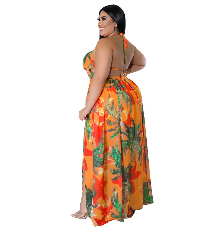 Tropical Lace-Up Backless Maxi Dress with Flowing Silhouette
