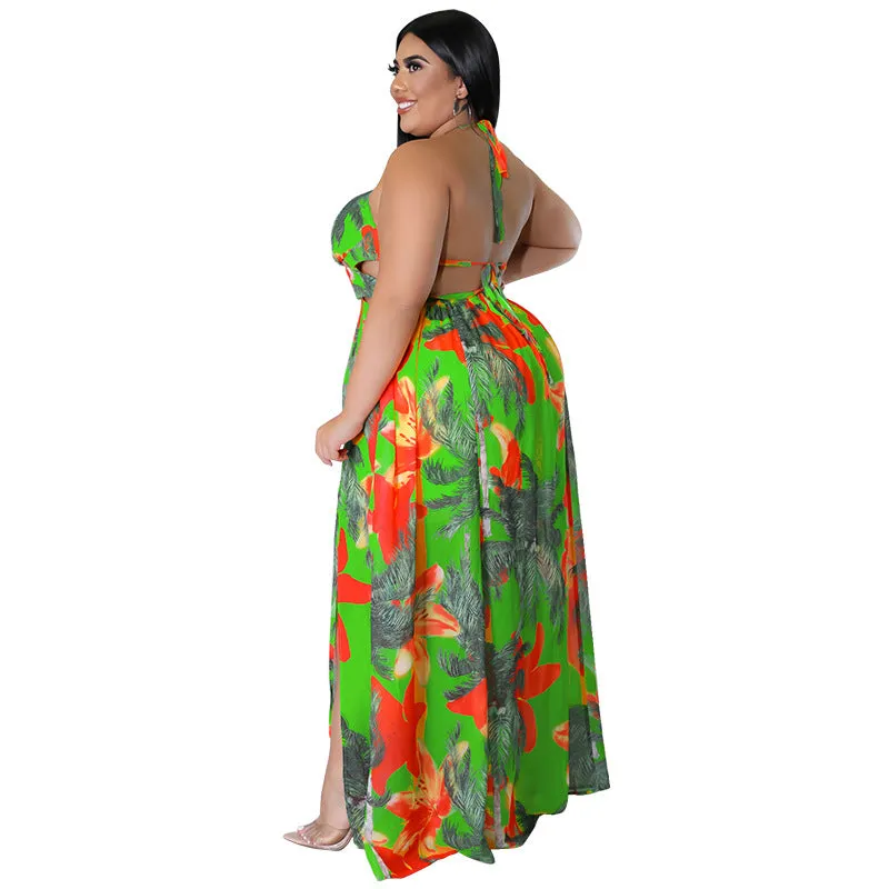 Tropical Lace-Up Backless Maxi Dress with Flowing Silhouette