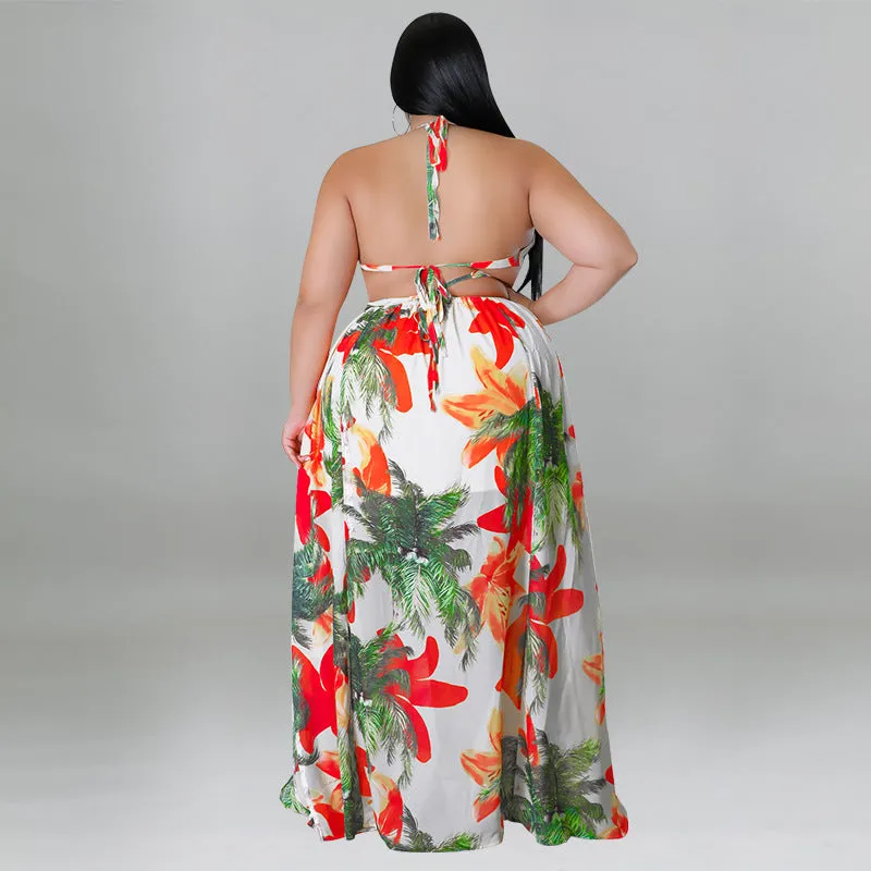 Tropical Lace-Up Backless Maxi Dress with Flowing Silhouette