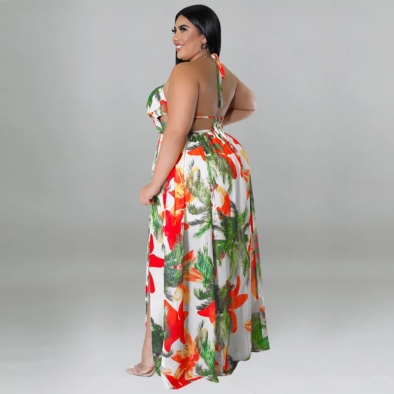 Tropical Lace-Up Backless Maxi Dress with Flowing Silhouette