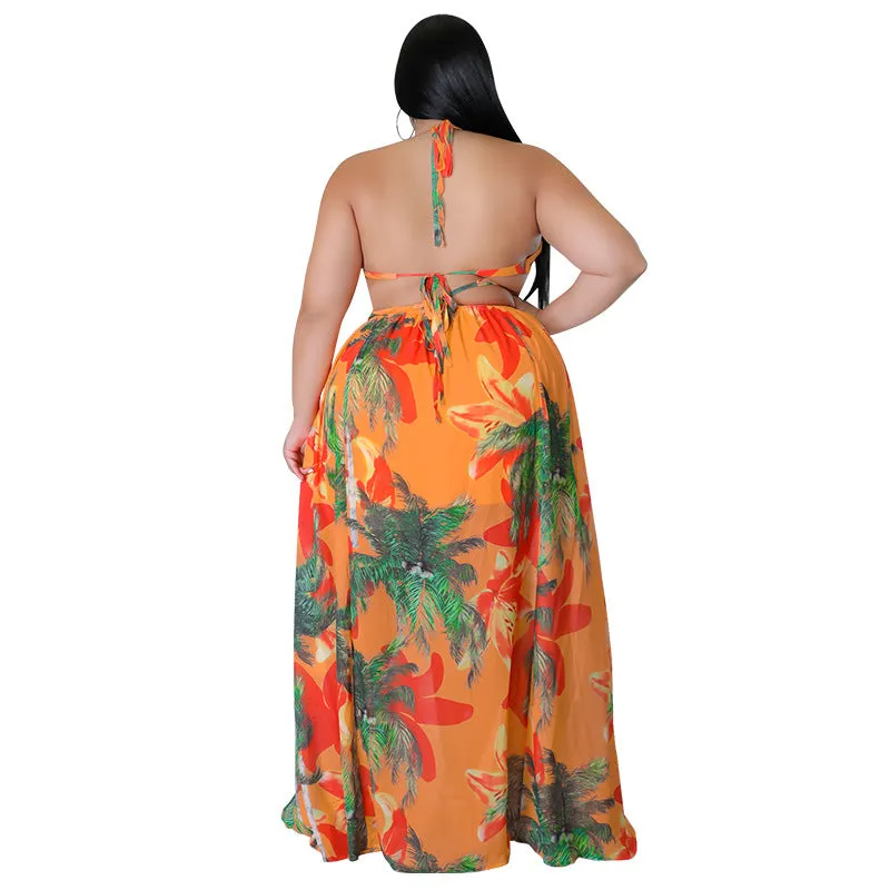 Tropical Lace-Up Backless Maxi Dress with Flowing Silhouette