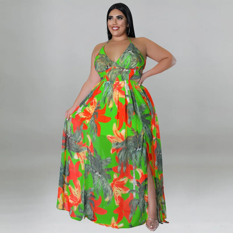 Tropical Lace-Up Backless Maxi Dress with Flowing Silhouette