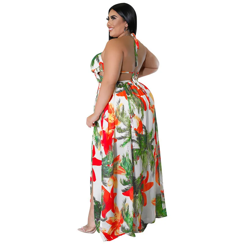 Tropical Lace-Up Backless Maxi Dress with Flowing Silhouette