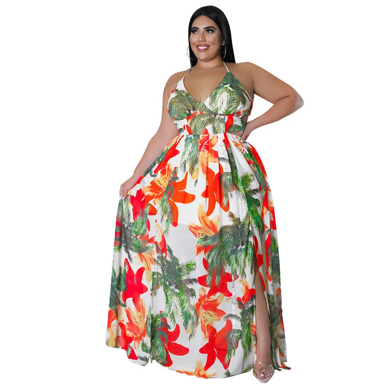 Tropical Lace-Up Backless Maxi Dress with Flowing Silhouette