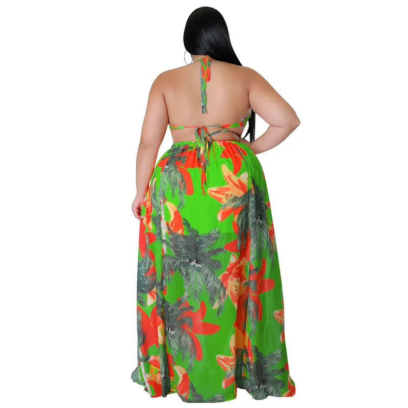 Tropical Lace-Up Backless Maxi Dress with Flowing Silhouette