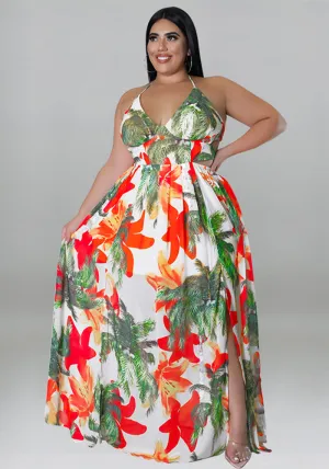 Tropical Lace-Up Backless Maxi Dress with Flowing Silhouette