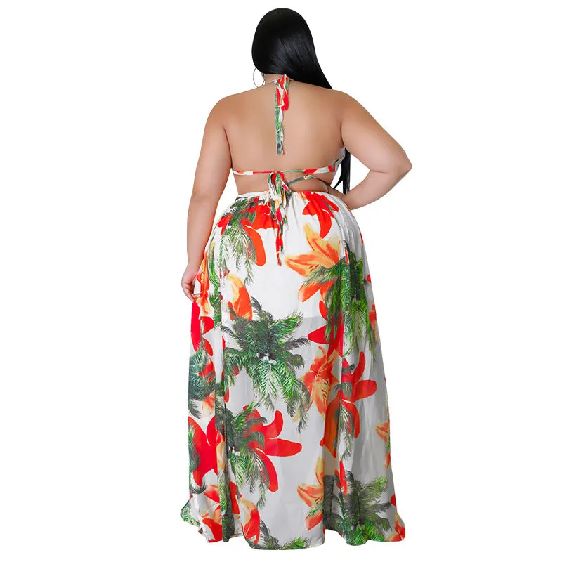 Tropical Lace-Up Backless Maxi Dress with Flowing Silhouette