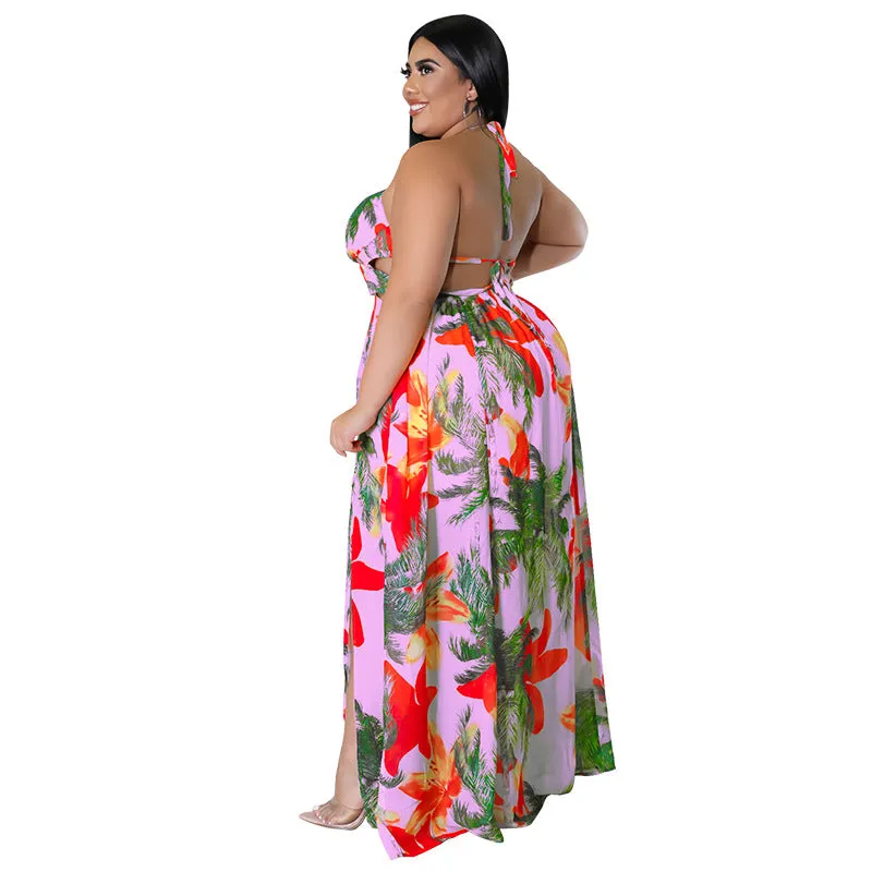 Tropical Lace-Up Backless Maxi Dress with Flowing Silhouette