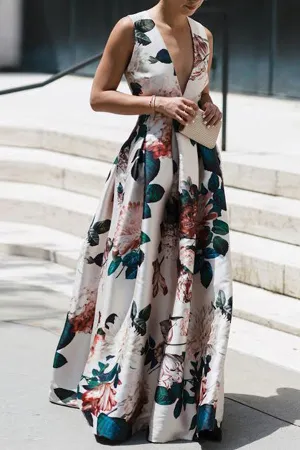 Vacation Style V-neck Sleeveless Print Dress