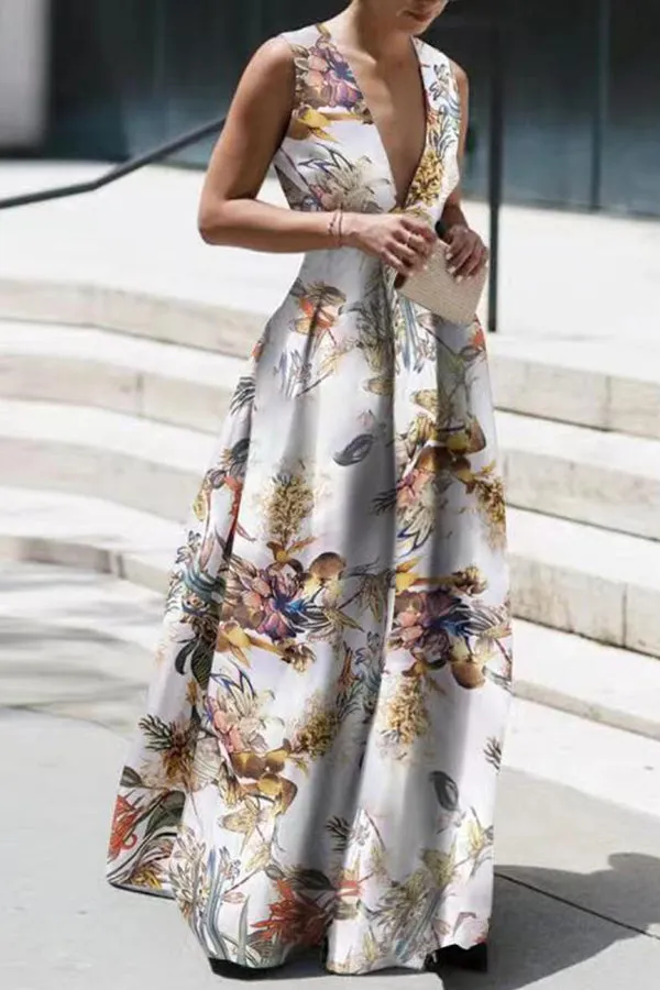 Vacation Style V-neck Sleeveless Print Dress